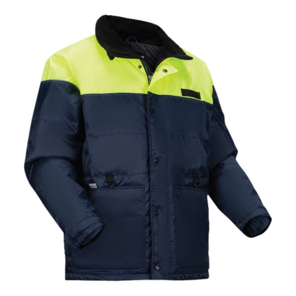 An Ergodyne N-Ferno men's navy and yellow insulated freezer jacket with reflective accents.