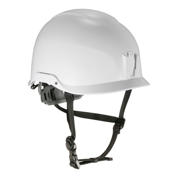 A white Ergodyne Skullerz safety helmet with black straps.