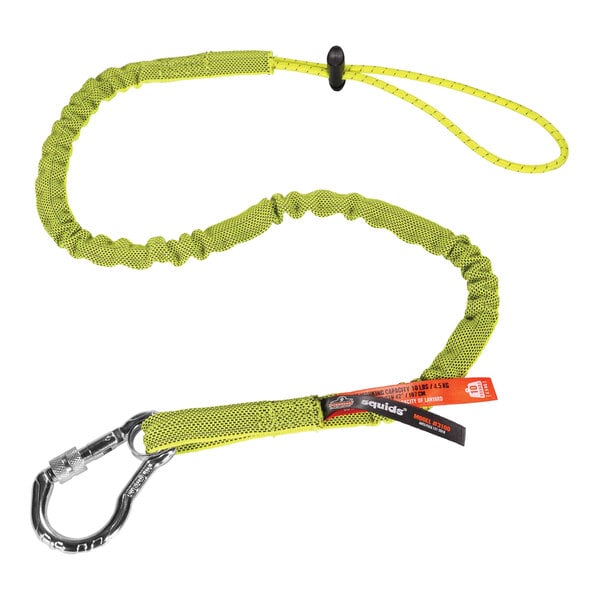 A lime green Ergodyne tool lanyard with a carabiner and cinch loop.