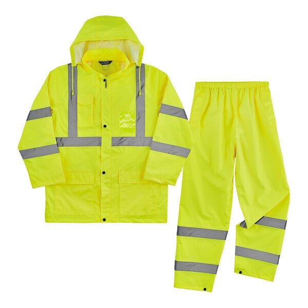 A lime green rain jacket and pants with grey reflective stripes.