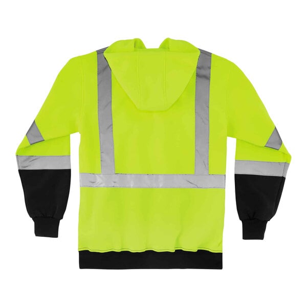 A lime green Ergodyne zip-up hooded sweatshirt with black front panel and reflective stripes.