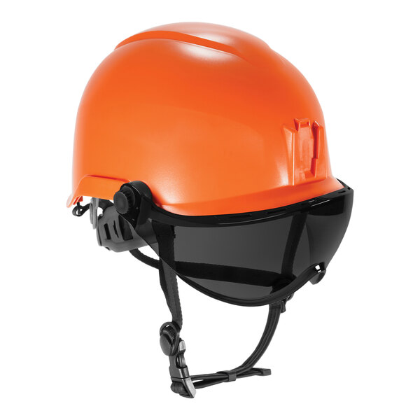 An orange hard hat with black visor.