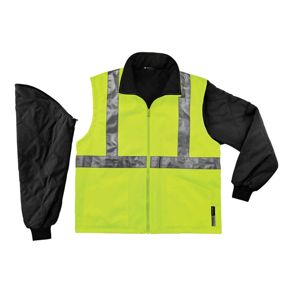 A yellow and black Ergodyne high visibility jacket with reflective tape.