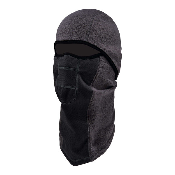 An Ergodyne gray windproof fleece balaclava with a hinged face mask.