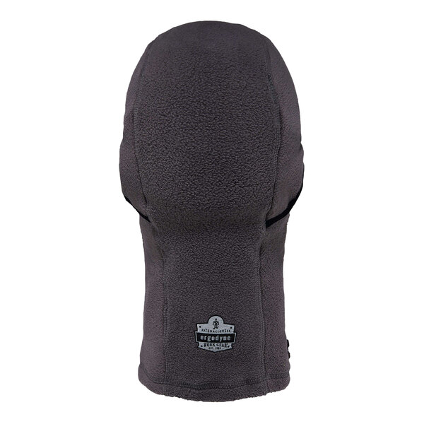 A grey Ergodyne fleece balaclava with a logo on the back.