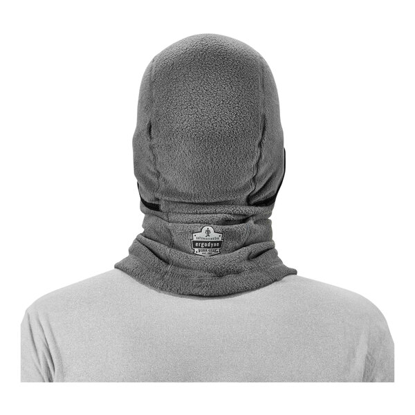 A man wearing a gray Ergodyne fleece balaclava with the hood up.