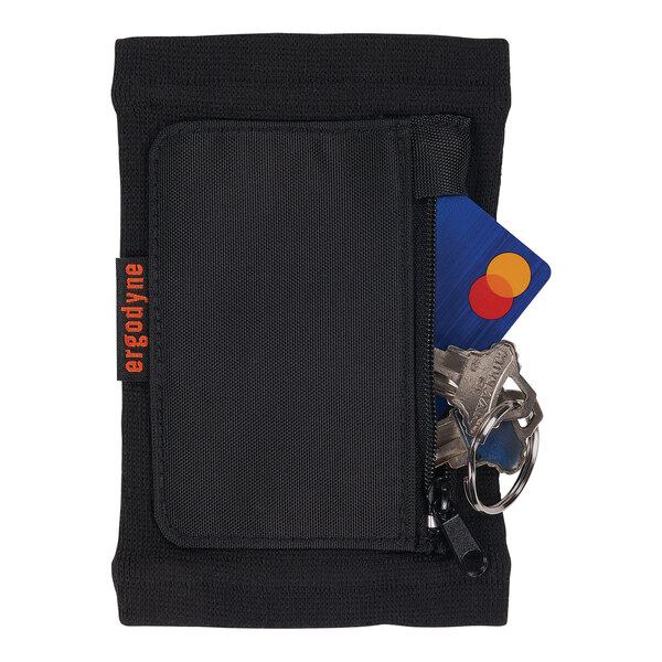 A black Ergodyne Squids wrist ID badge holder with a card and keys inside.