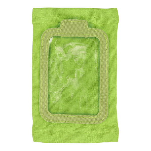 A lime green fabric pouch with a clear plastic case.