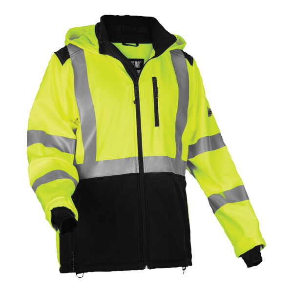 An Ergodyne high visibility jacket with black front panel and reflective stripes.