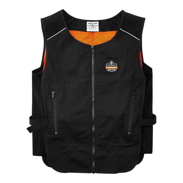 An Ergodyne black cooling vest with orange mesh inserts.