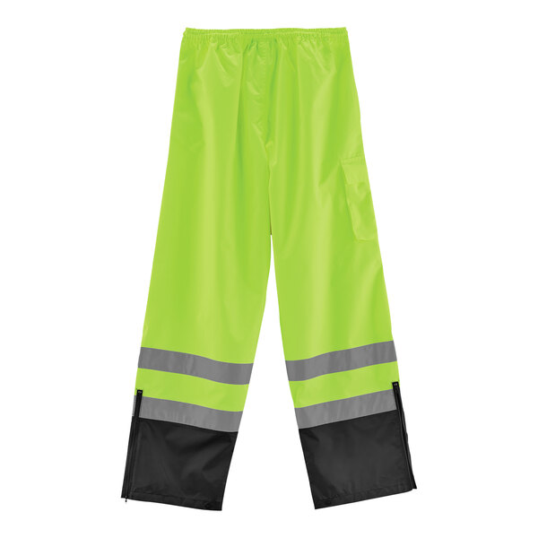 Bright green Ergodyne rain pants with black bottom and reflective stripes.