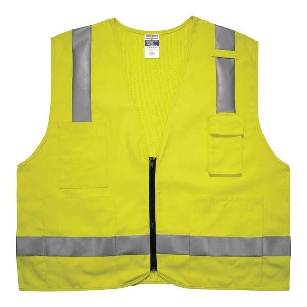 A lime green Ergodyne flame-resistant mesh surveyors vest with reflective stripes.