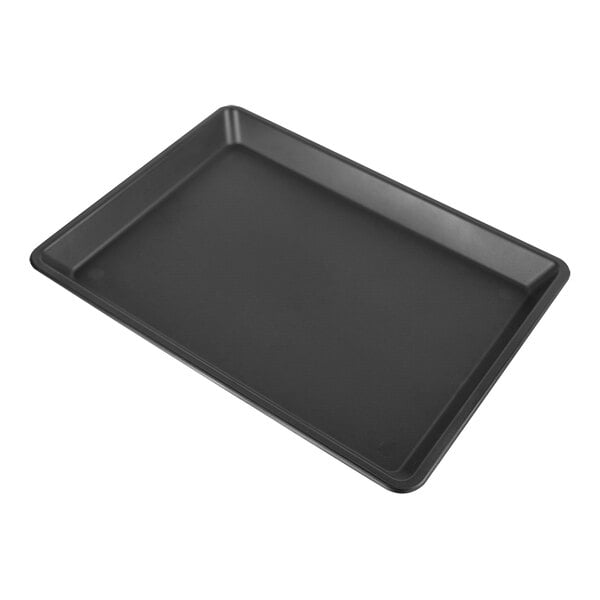 A black rectangular plastic sheet tray with a handle.
