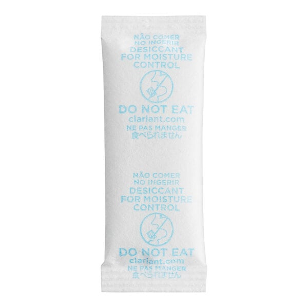 A white Clariant desiccant packet with blue text.