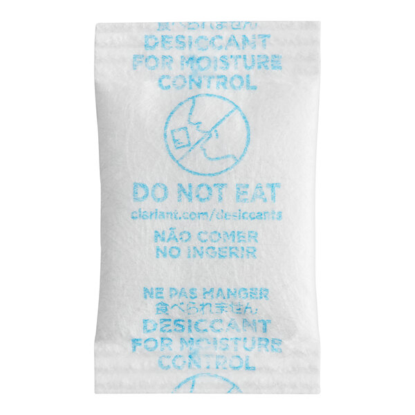 A white packet with blue text reading "Clariant Sorb-It 1 Gram Desiccant Silica"