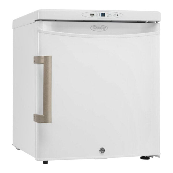 A small white Danby medical refrigerator with a solid door open.