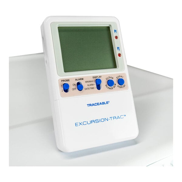 A white Danby medical refrigerator with a digital screen and blue buttons.