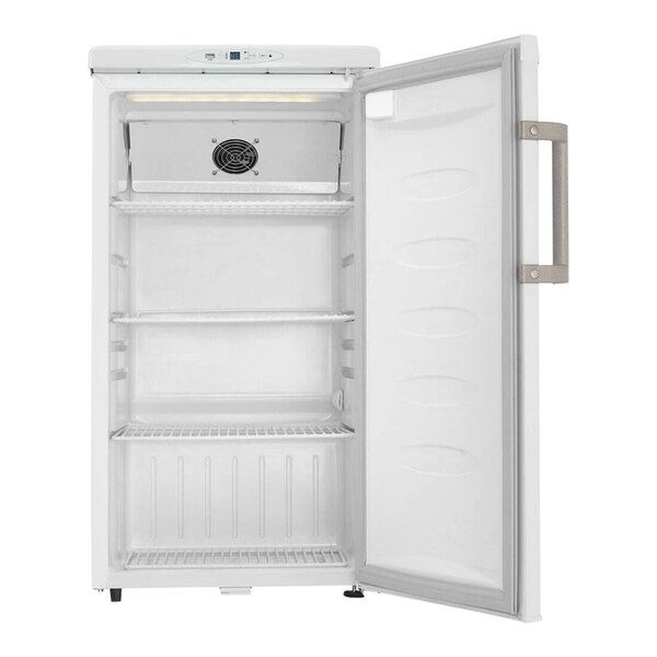 A Danby white solid door reach-in medical refrigerator with its door open.