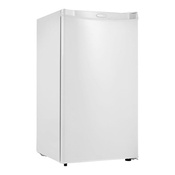 A white Danby reach-in refrigerator with a silver handle.
