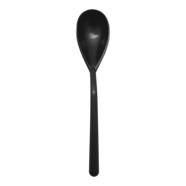 A black polyethylene spoon with a long handle.