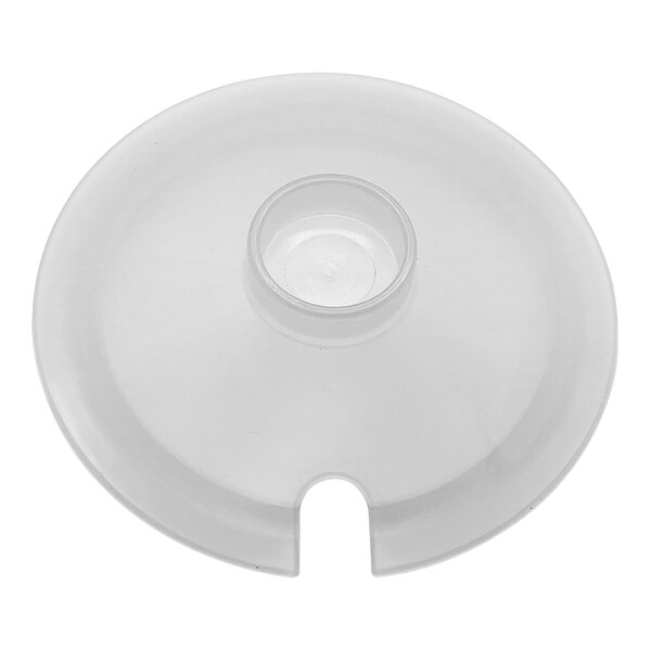 A clear polypropylene lid with a hole in it.