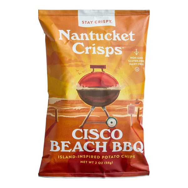 A case of 15 Nantucket Crisps Cisco Beach BBQ potato chip bags on a table.
