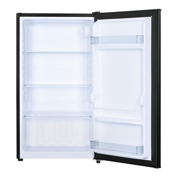 A black Danby Diplomat hotel refrigerator with its door open.