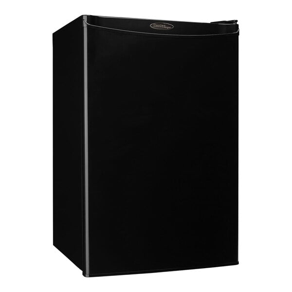 A black rectangular Danby refrigerator with a white handle.