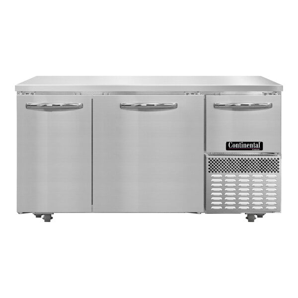 A stainless steel Continental undercounter freezer with two full doors and one half door.