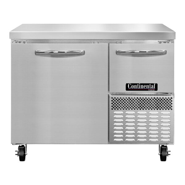 A Continental Refrigerator stainless steel worktop freezer with one full door and one half door.