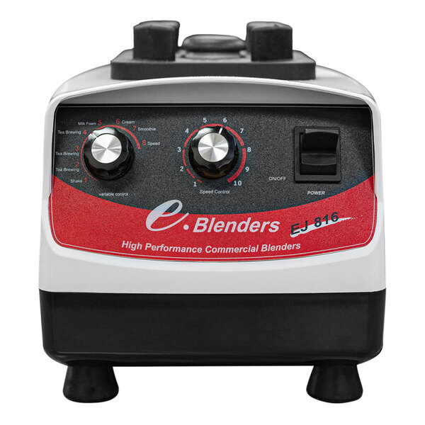 A white and black Bossen variable speed tea making blender base with knobs and a red label on a counter.