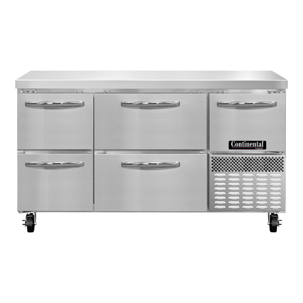 A stainless steel Continental undercounter freezer with 4 drawers and 1 half door.