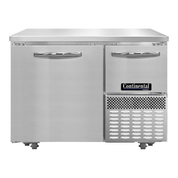 A stainless steel Continental undercounter freezer with 1 full door and 1 half door.