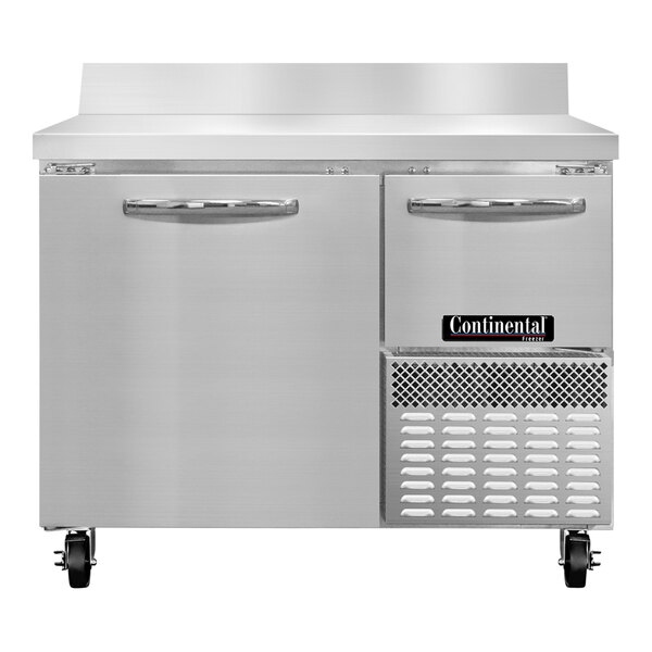 A Continental Refrigerator stainless steel worktop freezer with one full door and one half door.