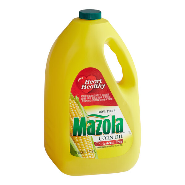 A yellow plastic gallon container of Mazola Corn Oil with a handle.