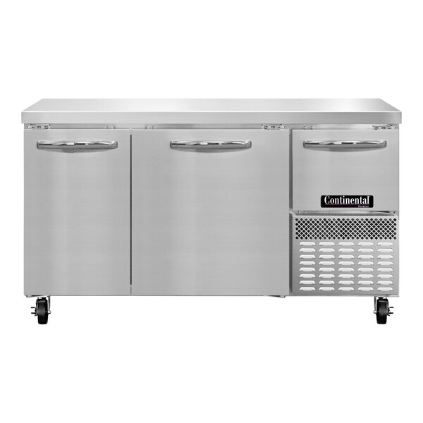 A stainless steel Continental worktop freezer with two full doors and one half door.