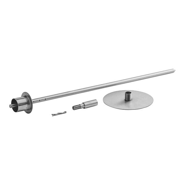 An Avantco spit assembly with a long silver metal pole and silver handle.