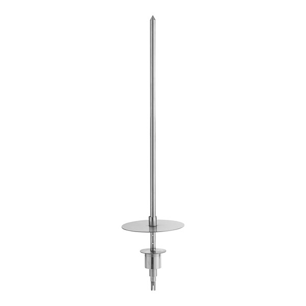 An Avantco spit assembly with a long silver metal pole and silver handle.