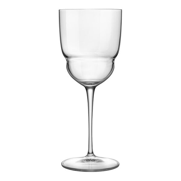 A clear glass with a long stem.