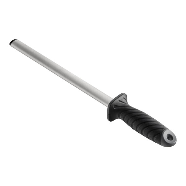 A 10-inch oval diamond sharpening rod with a black TPR grip handle.