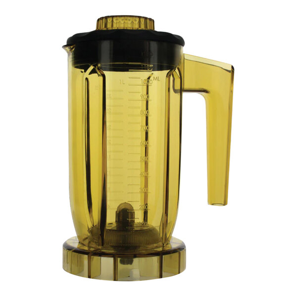 A yellow Bossen crema blender container with a black lid and handle.