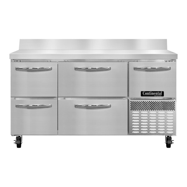 A stainless steel Continental Refrigerator worktop freezer with four drawers.