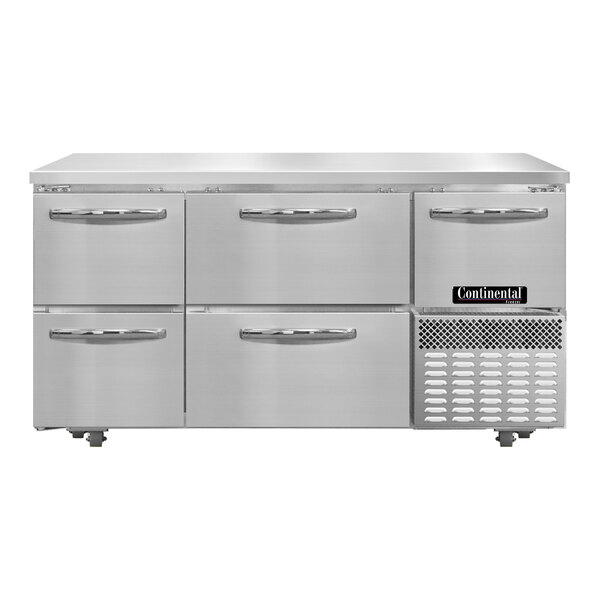 A stainless steel Continental undercounter freezer with four drawers.