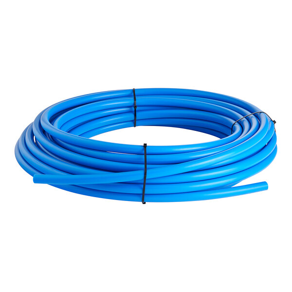 A close-up of blue SharkBite PEX tubing on a white background.