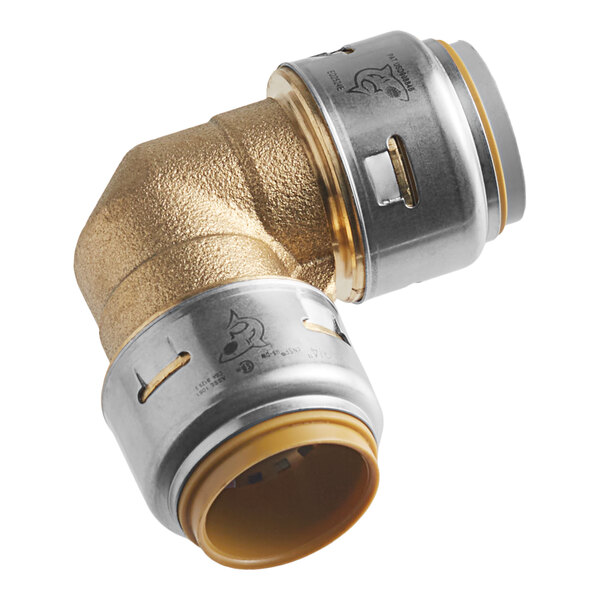 A SharkBite brass elbow adapter with threaded connections.