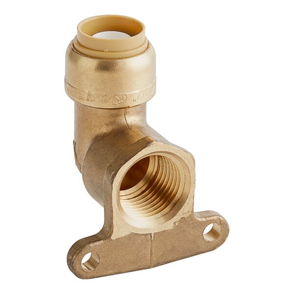 A SharkBite brass threaded pipe fitting with a nut.