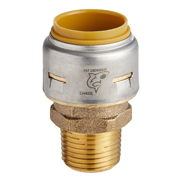 A SharkBite brass push-to-connect threaded adapter with a yellow cap.