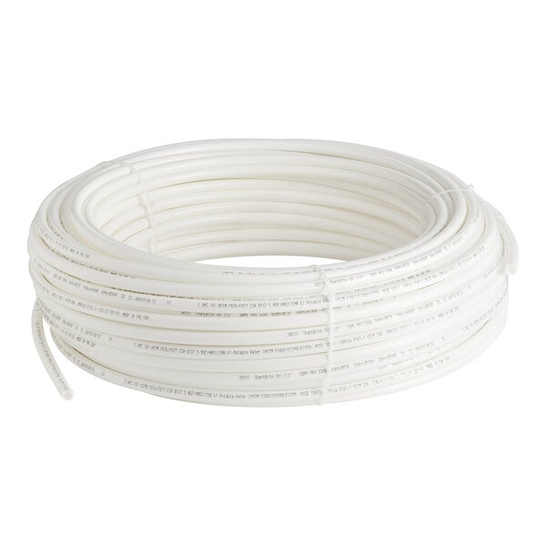 A roll of white plastic pipes - SharkBite 1/2" x 300' White PEX-B Tubing Coil.