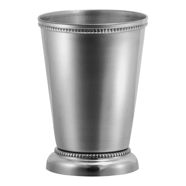 A silver Modern Mixologist mint julep cup with a beaded rim and round base.