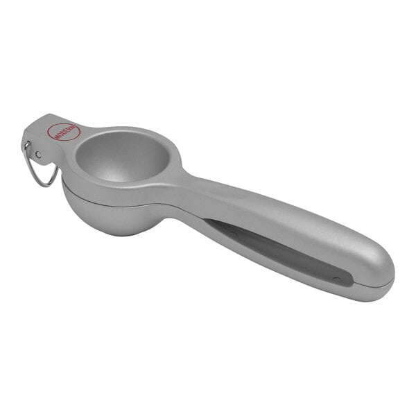 A silver Modern Mixologist juicer with a red handle.